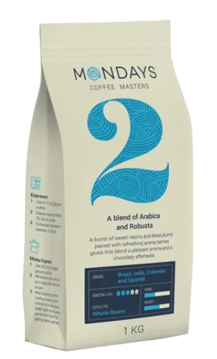 Coffee beans MONDAYS Nr.2, Arabica and Robusta, mild roasted, 1 kg