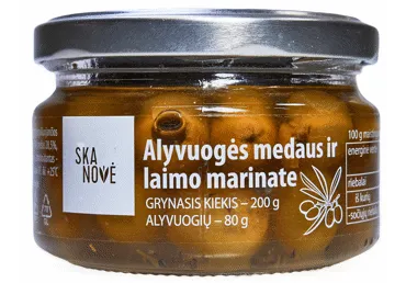 Alyvuogės SKANOVĖ medaus ir žaliųjų citrinų marinate, 200 g