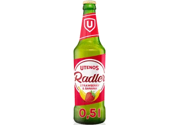 Braškių ir bananų skonio UTENOS alaus kokteilis RADLER, 500 ml