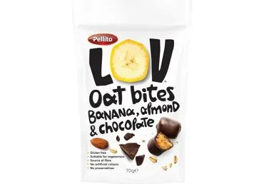 Auzu uzkoda PELLITO banānu , šokolādes, mandeļu 70g