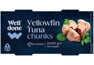 Dzeltenspuru tunzivs gabaliņi savā sulā WELL DONE 2x120g