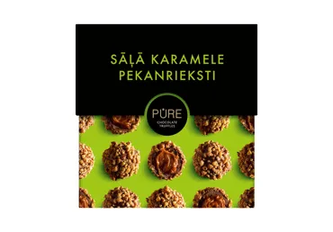 Piena šokolādes Trifeles PURE CHOCOLATE ar sāļās karameles krēma pildījumu un pekanriekstu dekoru 110g