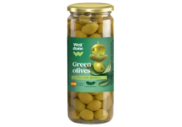 Zaļās olīvas WELL DONE ar kornišon. 340g