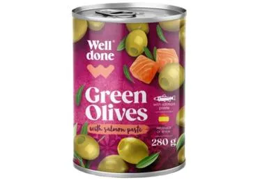 Zaļās olīvas pildītas ar laša pastu WELL DONE 280g