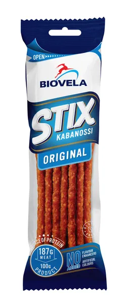 Gaļas nūjiņas karsti kūpinātas Kabanossi Original 100g, Biovela