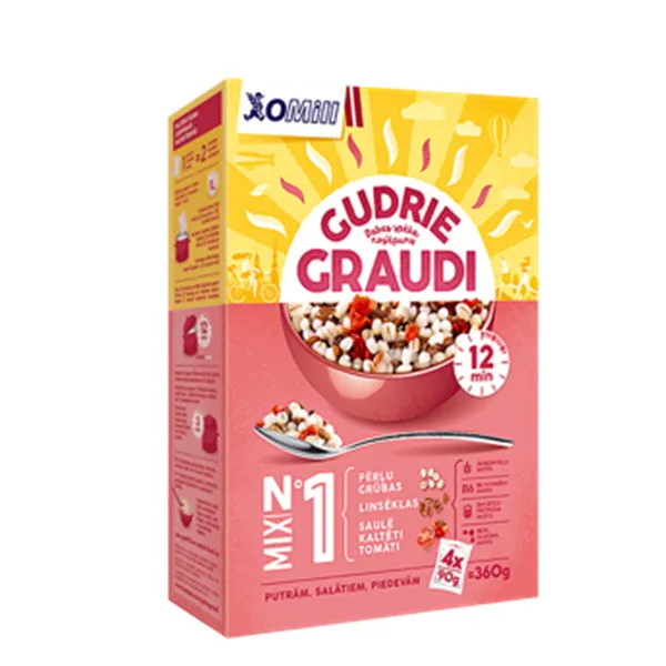 Graudu masījums pērļu grūbu, linsēklu ar saulē kaltētiem tomātiem 4x90g, Gudrie Graudi
