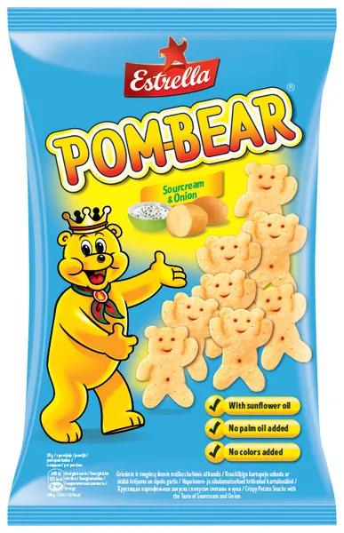 Kartupeļu uzkoda kraukšķīga Pom - Bear ar skābā krējuma garšu 65g, Estrella