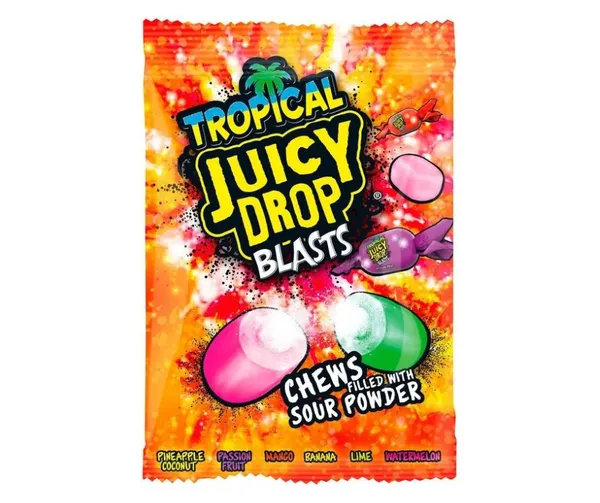 Košļājamās konfektes Juicy Drop Blasts Tropical 120g, Bazooka