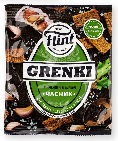 Maizes grauzdiņi rudzu Grenki ar ķiploku garšu 80g, Flint