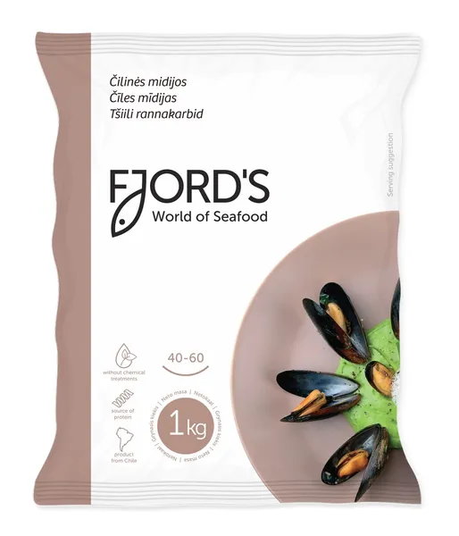 Mīdijas Čīles saldētas, vārītas, čaumalā, baltvīna mērcē 20/40, 454g, Fjords