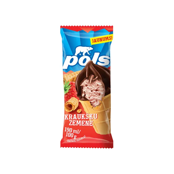 Saldējums zemeņu ar vafeļu gab. un šok. glazūru 190ml/100g, Pols