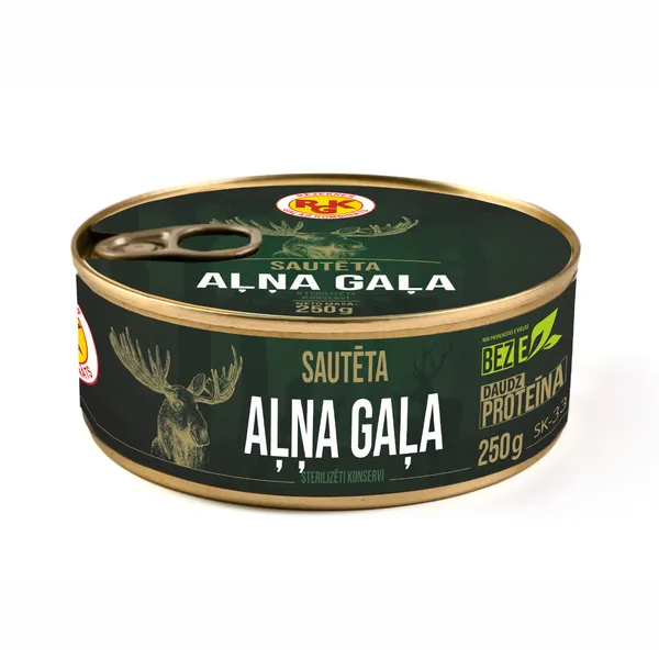 Sautēta aļņa gaļa, sterilizēti konservi bundža 250g, RGK