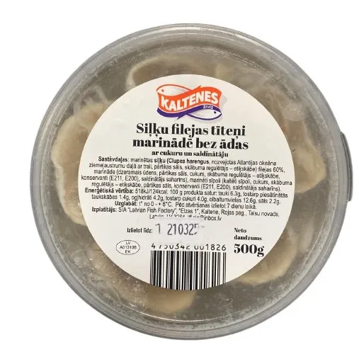 Siļķu filejas tīteņi etiķa mērcē bez ādas 500g (300g), Kaltenes Zivis