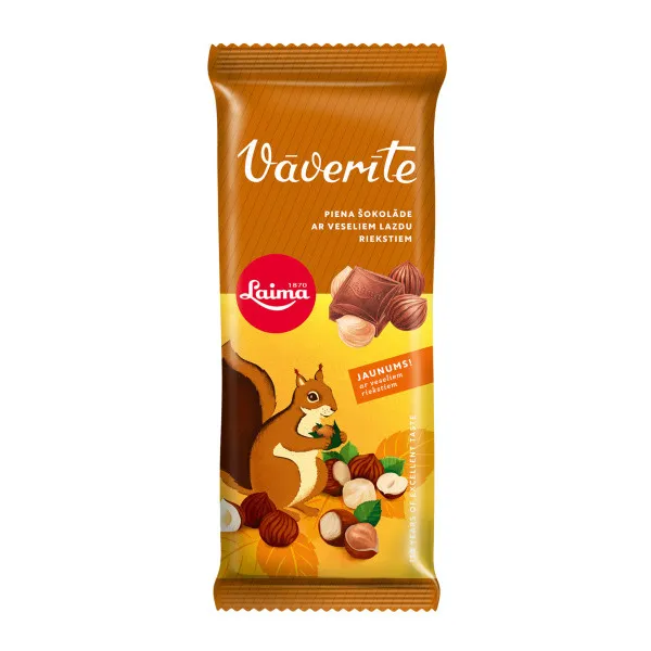 Šokolāde piena ar veseliem lazdu riekstiem Vāverīte 90g, Laima