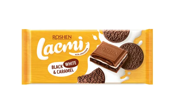 Šokolāde piena Lacmi Black, White  and  Caramel 100g, Roshen