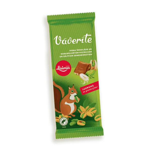 Šokolāde piena Vāverīte ar karamelizētām pistācijām un sālītiem zemesriekstiem 90g, Laima