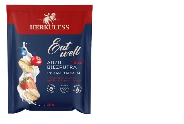 Auzu pārslu biezputra HERKULESS, ā/p, ar meža ogu gabaliņiem un pienu, 35g