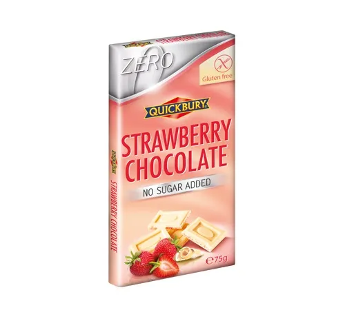 Baltā šokolāde ar zemenēm QUICKBURY, bez cukura, 75g