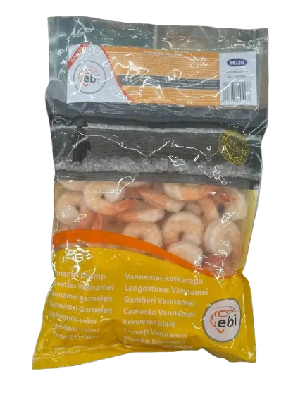 Frozen Vannamei shrimps, EBI, peeld, devined, tail on, 750g/1kg