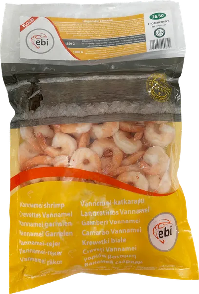 Frozen Vannamei shrimps, EBI, 26/30, cooked, peeled deveined tail on, 750g/1kg