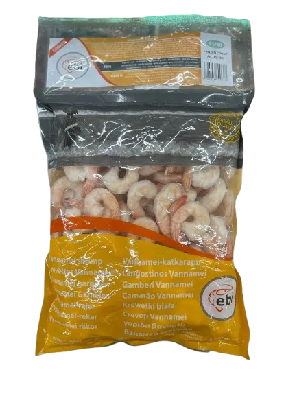 Frozen Vannamei shrimps, EBI, 31/40, cooked, peeled devained tail on, 25%, 750g/1kg,