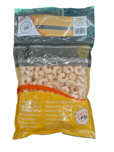 Baltkāju garneles EBI, sald., 80/120, vārītas, tīrītas, bez astes, 20%, 800g/1kg, VNM PD COOKED