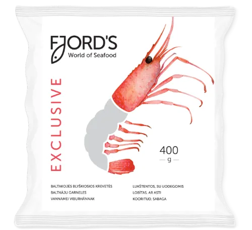Baltkāju garneles FJORD'S, sald., 16/20, jēlas, tīrītas, ar asti, 25%, 400g/500g, VANNAMEI PDTO