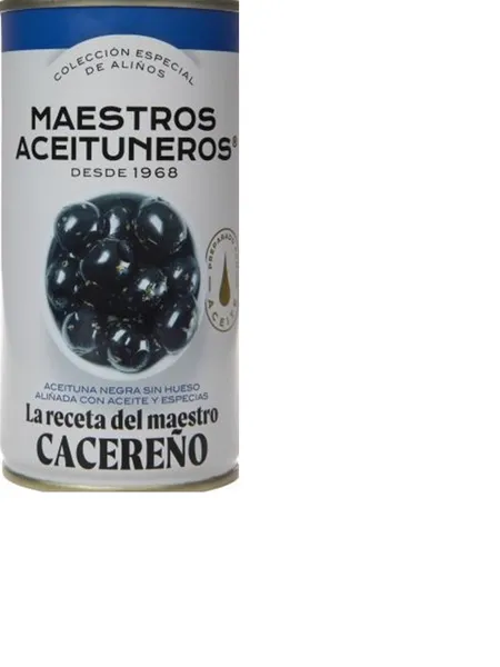 Large black olives, pitted MAESTROS ACEITUNEROS, with oil and spices,