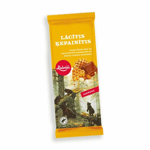 Piena šokolāde LAIMA Lācītis Ķepainītis ar mandelēm, vafeļu gabaliņiem un medus karameli, 90g
