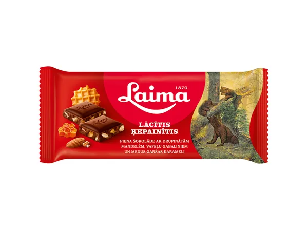 Piena šokolāde LAIMA Lācītis Ķepainītis, ar mandelēm, vafeļu gab.un medus garšas karameli,  90g