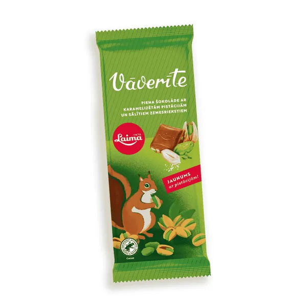 Piena šokolāde LAIMA Vāverīte, ar pistācijām un sālītiem zemesriekstiem, 90g
