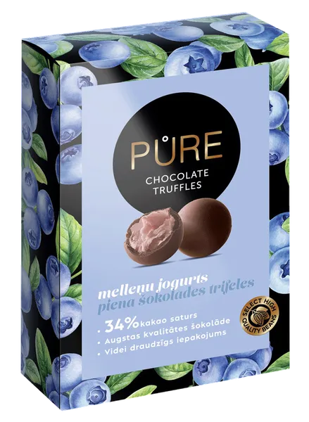 Piena šokolādes trifeles ar melleņu jogurta krēma pildījumu 148g, PURE