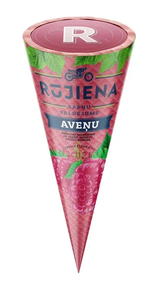Ice cream RŪJIENAS with raspberry topping, in a waffle cone, 110ml/60g