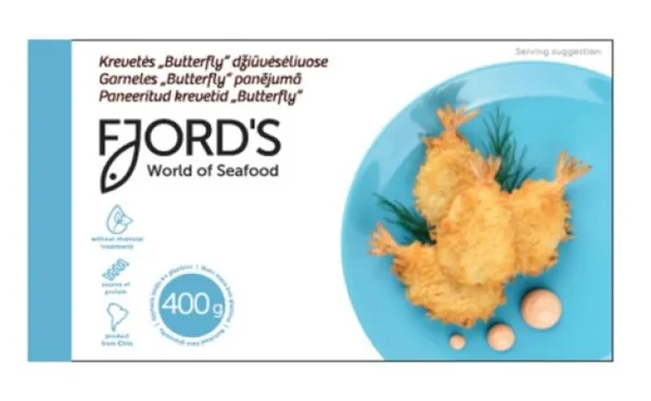 Frozen shrimp 23/30 in panning Fjords, Butterfly, with tail, 400g