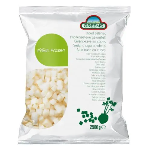 Frozen IQF celeriac GREENS, diced, 10x10 mm, 2,5 kg