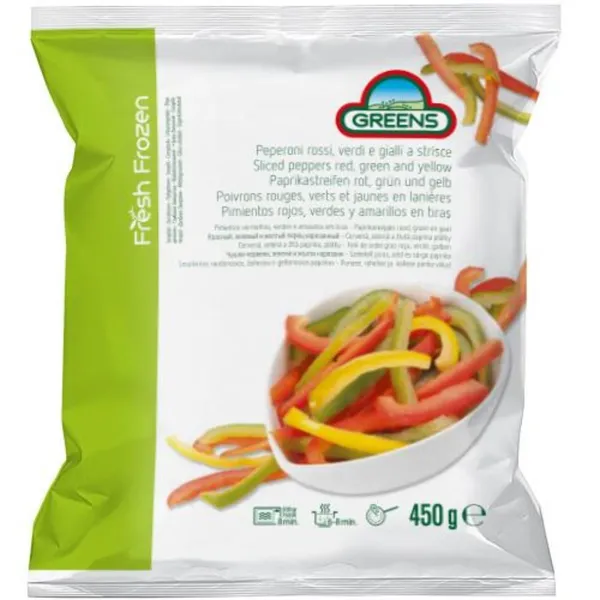 Frozen IQF sliced mixed peppers red-green-yellow GREENS, 450 g