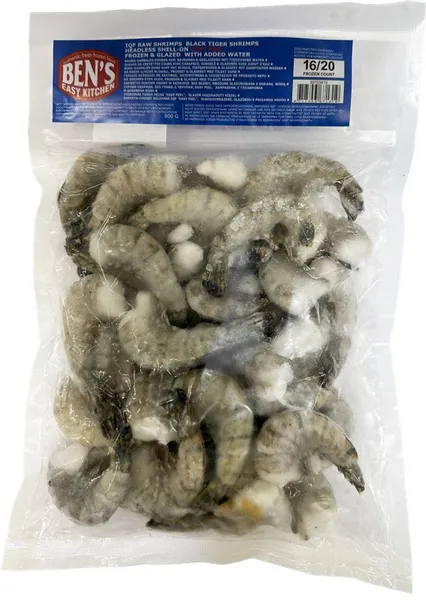 Frozen Blacktiger prawns, BEN'S, 16/20, raw, headless, shelll on easy peel, 20% glaze, 1kg, HLSO EP