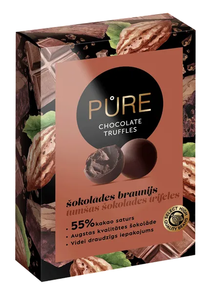 Tumšās šokolādes trifeles ar šokolādes braunija krēma pildījumu 148g, PURE