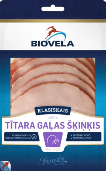 Vārīts tītara gaļas šķiņķis BIOVELA, šķēlēs, 90g