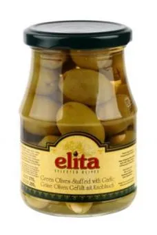 Zaļās olīvas Kalamata pildītas ar ķiplokiem ELITA 370g/200g