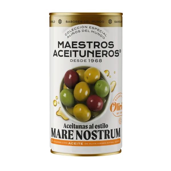 Zaļās un melnās olīvas bez kauliņiem MAESTROS ACEITUNEROS ''Mare Nostrum'' gaumē, 350g/185g