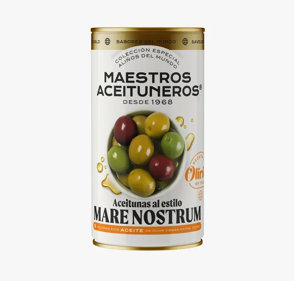 Zaļās un melnās olīvas bez kauliņiem MAESTROS ACEITUNEROS ''Mare Nostrum'' gaumē, 4.2kg/2.5kg