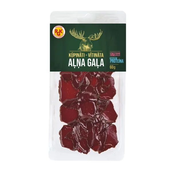 Aļņa gaļa kūpināta - vītināta, šķēlēs 60g
