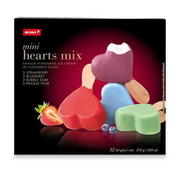 Saldējums Rimi mini hearts mix 12 gab. 375g